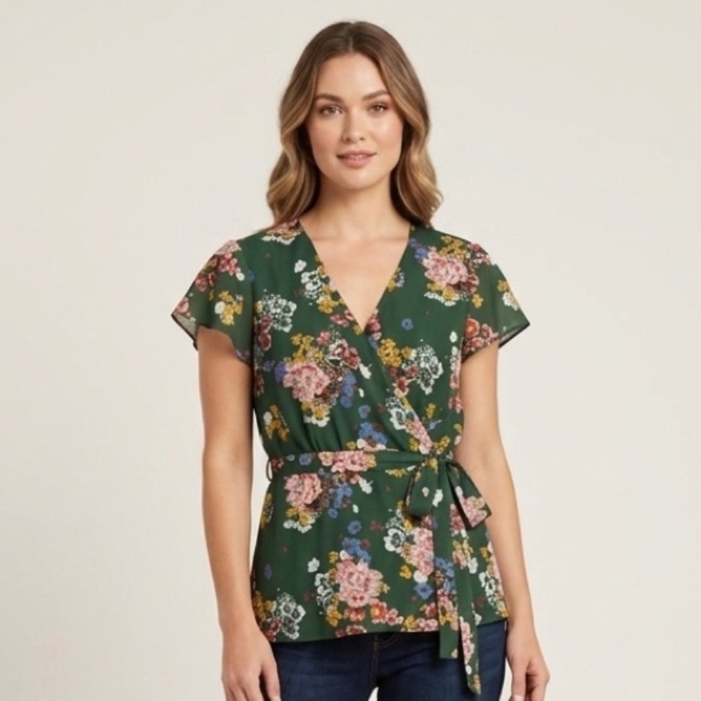 Lily Black Floral Shortsleeve V-Neck Wrap Waist Peplum Style Blouse